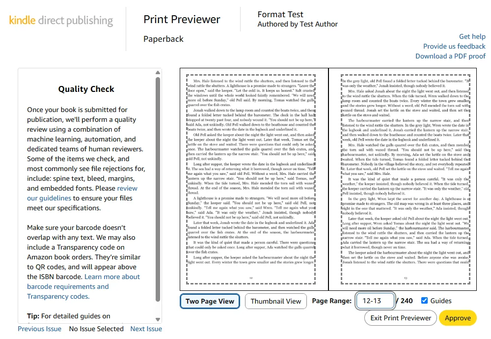 KDP Print Previewer showing pages 12–13 of the fixed interior with all text inside the dashed margin guides
